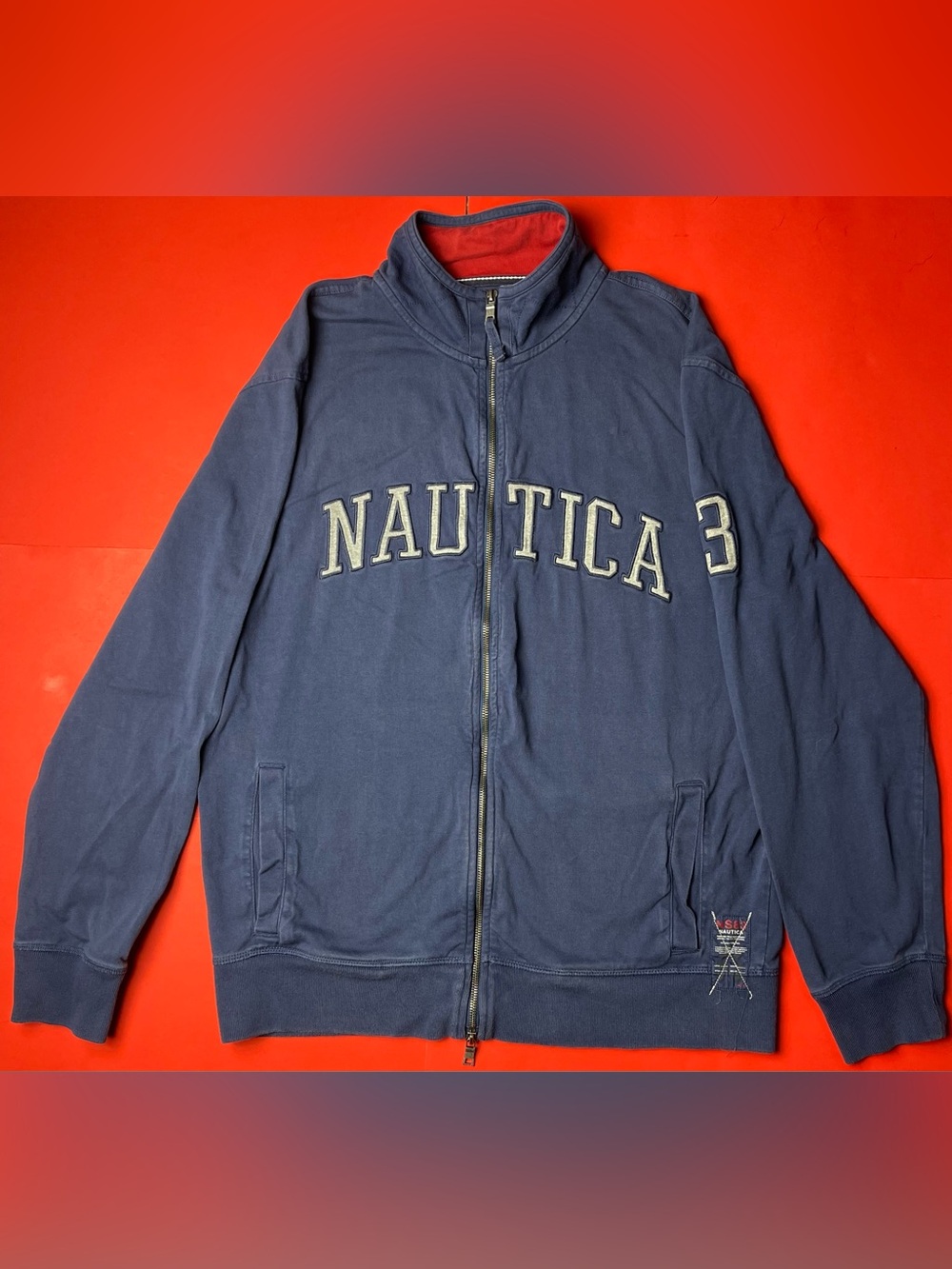 Nautica Men's Navy Zip-Up Sweater Jacket with Red Lined Collar